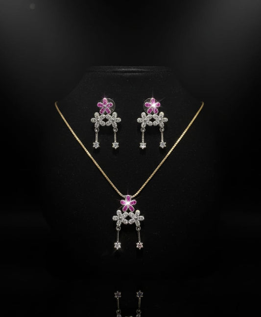 Floral Crystal Pendant Necklace & Earrings Set – Gold Tone (2 Variants: Pink/White)