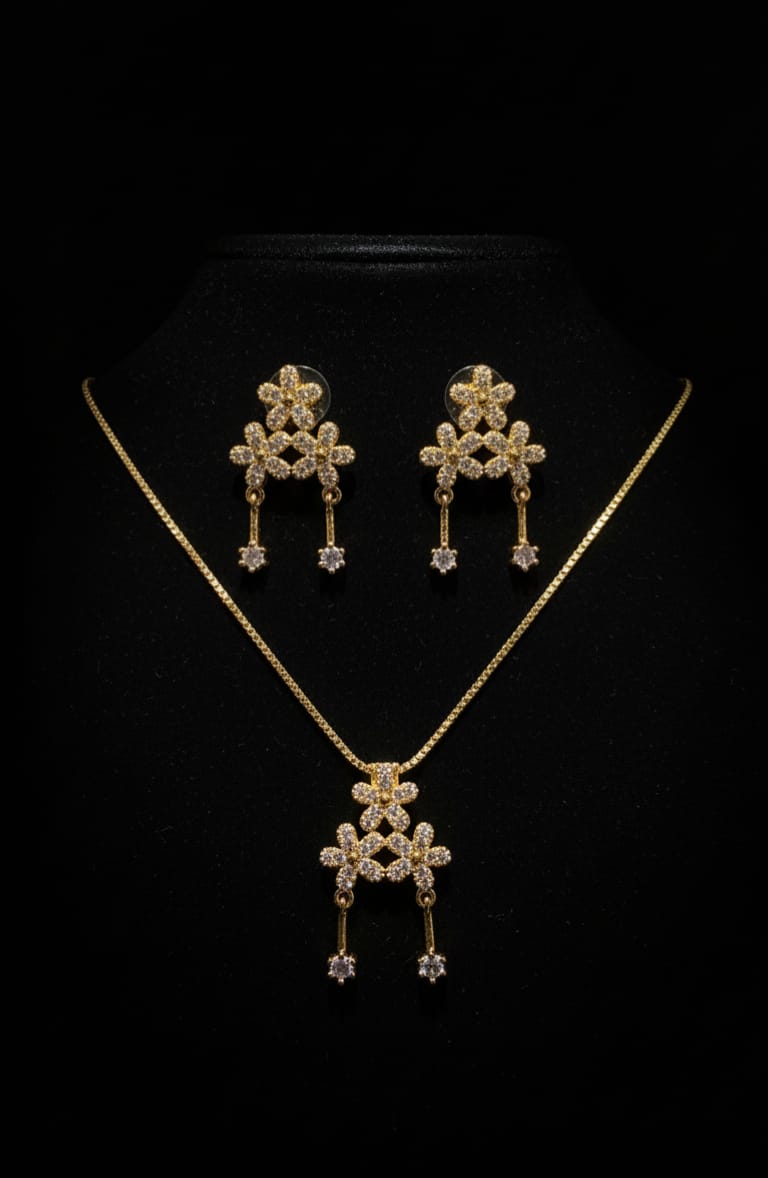 Floral Crystal Pendant Necklace & Earrings Set – Gold Tone (2 Variants: Pink/White)