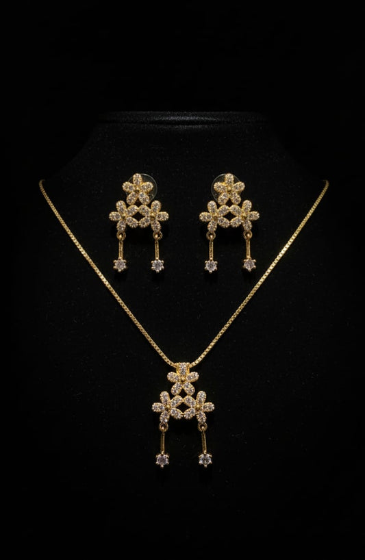 Floral Crystal Pendant Necklace & Earrings Set – Gold Tone (2 Variants: Pink/White)