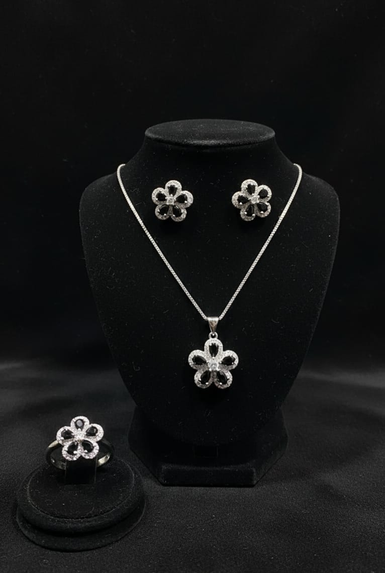 Elegant Flower Crystal Set – Pendant Necklace + Stud Earrings + Ring (2 Colors)