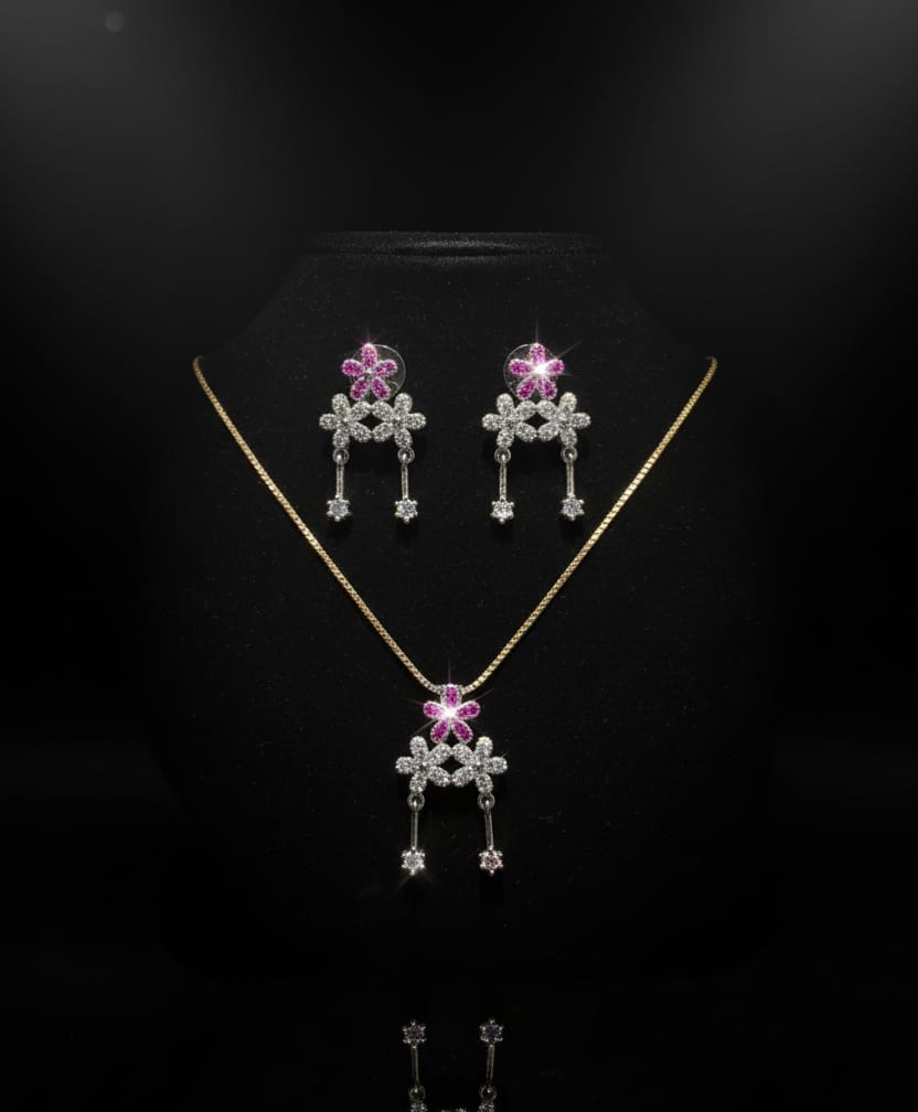 Floral Crystal Pendant Necklace & Earrings Set – Gold Tone (2 Variants: Pink/White)