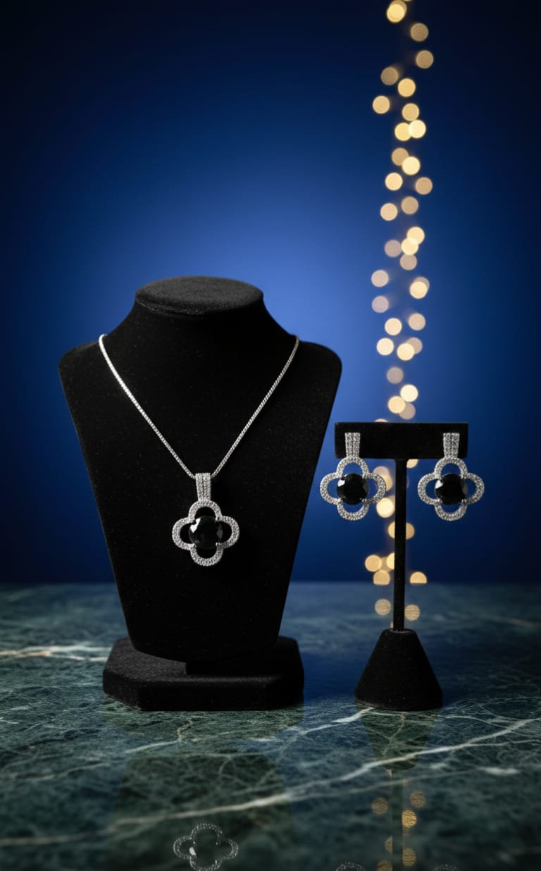 Elegant Crystal Necklace & Earrings Set – Available in Black & Blue