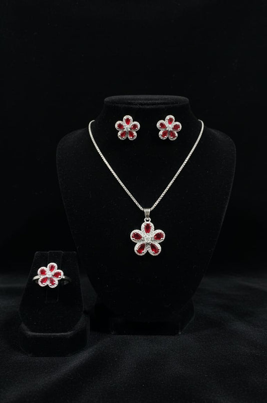 Elegant Flower Crystal Set – Pendant Necklace + Stud Earrings + Ring (2 Colors)